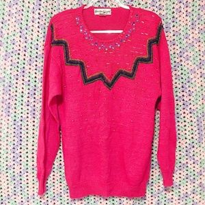 Vintage Bedazzled Beaded Fuchsia Gem Sweater
